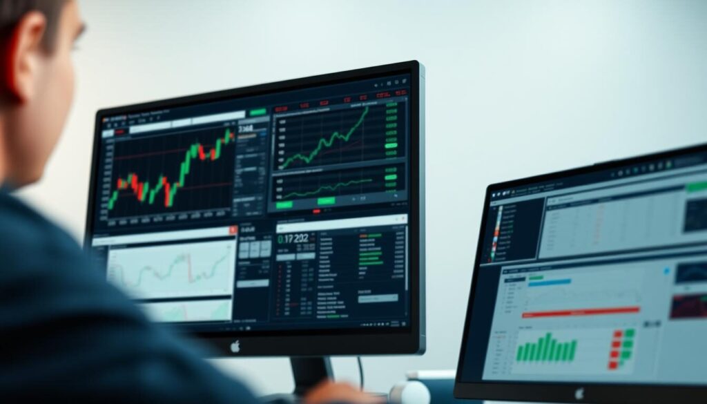 A high-resolution, detailed rendering of the Interactive Brokers trading platform. The foreground depicts the main user interface, showcasing charts, order entry forms, and various analytical tools. The middle ground shows the platform's customizable workspace and advanced order management features. The background features a subtle gradient or texture representing the financial markets. Lighting is natural and softly diffused, creating a professional, authoritative atmosphere. The image captures the platform's robust functionality, intuitive design, and cutting-edge capabilities for sophisticated traders.