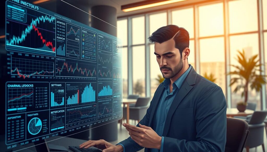 A high-resolution digital illustration depicting a trading methodology analysis. The foreground features a holographic display showcasing various trading charts, indicators, and analytics. The middle ground shows a professional trader intently studying the data, with a focused and pensive expression. The background depicts a modern, tech-inspired office setting with floor-to-ceiling windows, sleek furniture, and subtle lighting. The overall atmosphere conveys a sense of analytical rigor, technological sophistication, and financial expertise.