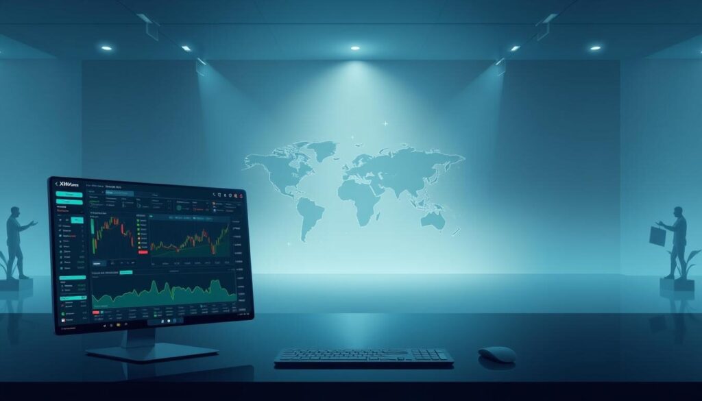 A high-resolution digital illustration showcasing the key features of the XM trading platform. In the foreground, a sleek, intuitive trading interface with customizable charts, indicators, and order execution tools. In the middle ground, a world map depicting the global reach of XM's operations, with data points and analytics displayed. In the background, a serene, minimalist environment with soft, diffused lighting, conveying the platform's reliability and professionalism. The overall composition should communicate the platform's sophistication, user-friendliness, and comprehensive suite of tools for active traders.