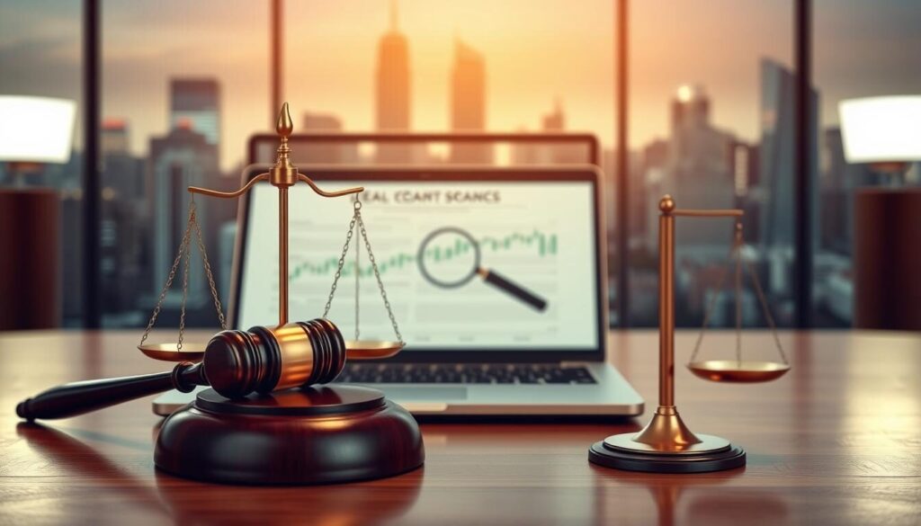 A high-resolution image depicting legal recovery options for victims of forex scams. In the foreground, a judge's gavel and scales of justice sit atop a wooden desk, symbolizing the legal process. In the middle ground, a laptop displays financial documents and a phone, representing the investigation and claim filing. In the background, a cityscape with skyscrapers and a stock market ticker tape convey the global financial landscape. The lighting is warm and professional, with a slight depth of field to focus the viewer's attention. The overall mood is one of hope and determination, as the scene evokes the pursuit of justice and the recovery of lost funds.