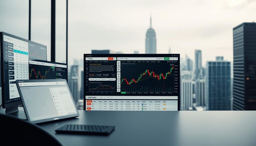 A high-resolution image of a modern, sleek trading platform user interface. The foreground features a variety of essential trading tools and widgets, including real-time market data, advanced charting capabilities, order execution panels, and customizable watchlists. The middle ground showcases a clean, intuitive dashboard layout with a minimalist design and smooth transitions between functionalities. The background subtly depicts a cityscape skyline or financial district, conveying a sense of the global, interconnected nature of the markets. The lighting is soft and diffused, creating a professional, authoritative atmosphere. The camera angle is slightly elevated, providing an optimal view of the comprehensive platform features.