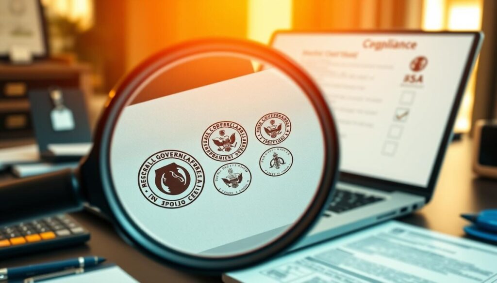 A high-resolution image of a regulatory credentials verification process. In the foreground, a magnifying glass examines official government seals and stamps on regulatory documents. The middle ground showcases a laptop displaying a compliance checklist, while the background depicts a desk with a security badge, calculator, and other business accoutrements. The lighting is warm and professional, with a depth of field that keeps the regulatory details in sharp focus. The overall mood conveys a sense of diligence, attention to detail, and the importance of verifying a company's regulatory standing.