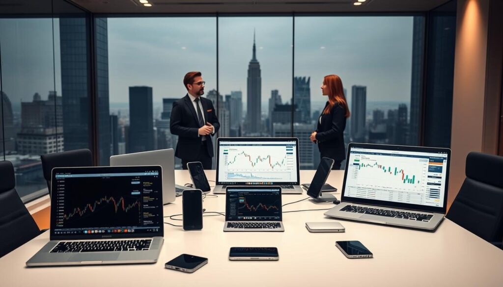 A high-resolution image of a sleek modern office setting, with a clean and organized desk arrangement in the foreground. On the desk, several laptops and mobile devices are displayed, showcasing various forex trading platforms and analytics tools. The middle ground features well-dressed professionals engaged in discussion, with a focus on comparing and evaluating different forex brokers. The background depicts a stylish and minimalist cityscape, hinting at the global nature of the forex market. Subtle warm lighting creates a professional and authoritative atmosphere, complemented by a refined color palette of greys, blues, and whites.