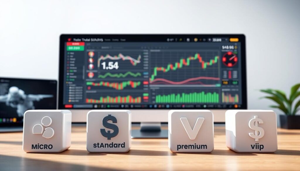 A high-resolution, photorealistic image depicting a forex account types comparison. The foreground showcases four different account types - Micro, Standard, Premium, and VIP - each represented by a distinct 3D icon or symbol. The middle ground features a sleek, modern trading platform interface with charts, graphs, and trading data. The background has a clean, minimalist aesthetic with soft lighting, creating a professional and authoritative atmosphere. The overall composition emphasizes the comparison and highlights the key differences between the various account options. The lighting is natural and directional, creating depth and emphasizing the visual hierarchy.