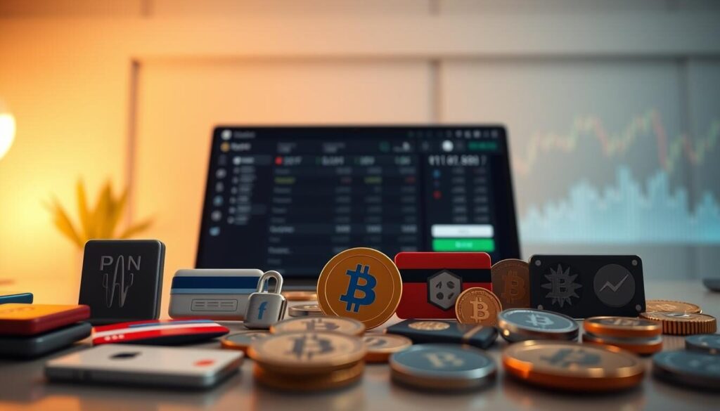A high-resolution, realistic rendering of various deposit and withdrawal methods for a Forex trading platform. The foreground should feature a range of payment icons, including bank transfer, credit/debit cards, e-wallets, and cryptocurrencies, arranged in a visually appealing layout. The middle ground should depict a digital interface or platform, with clean, modern design elements. The background should convey a sense of security and reliability, perhaps with subtle financial graphs or charts in the distance, illuminated by soft, directional lighting from the left. The overall mood should be professional, trustworthy, and tailored to the financial services industry.