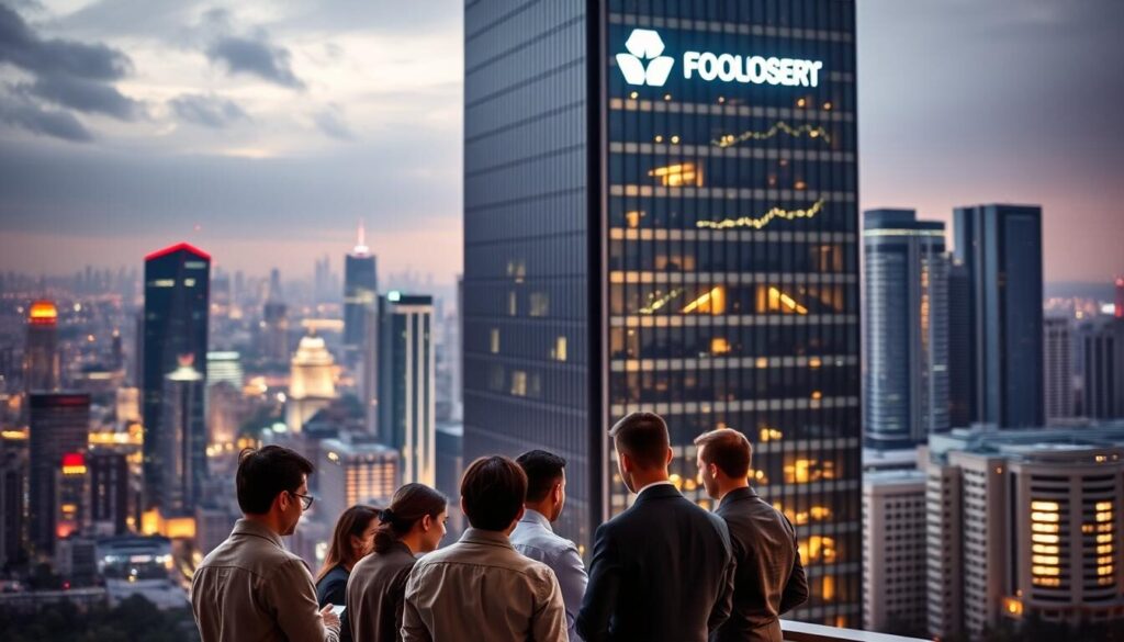 A high-rise office building with a modern, sleek design stands prominent against a backdrop of a bustling city skyline. The building's facade features a prominent logo and signage, highlighting its status as a regulated forex broker. In the foreground, a group of well-dressed professionals are engaged in a meeting, discussing trading strategies and compliance policies. The lighting is warm and inviting, with a soft glow emanating from the windows. The overall atmosphere conveys a sense of professionalism, security, and stability, reflecting the key aspects of a reputable and regulated forex broker.