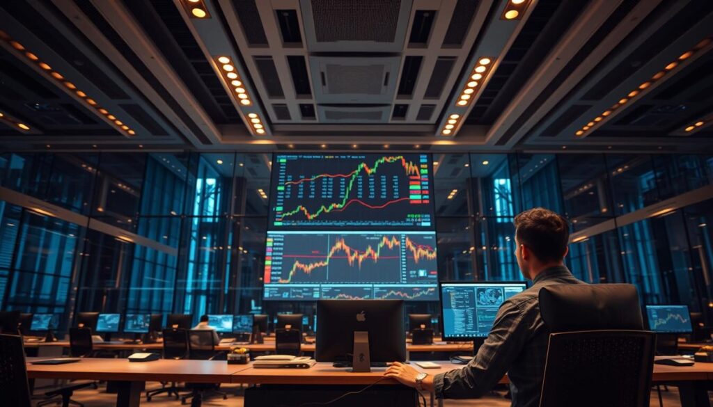 A high-security trading environment with an imposing glass-walled office, featuring a central display screen showcasing real-time market data. Sleek, modern furniture and equipment create a professional, cutting-edge atmosphere. Warm lighting from overhead fixtures and the glow of computer screens set a serious, focused tone. In the foreground, a trader intently monitors the screens, making decisive trades with confidence. The scene conveys a sense of safety, reliability, and technological sophistication befitting a reputable, NFA-regulated forex broker.