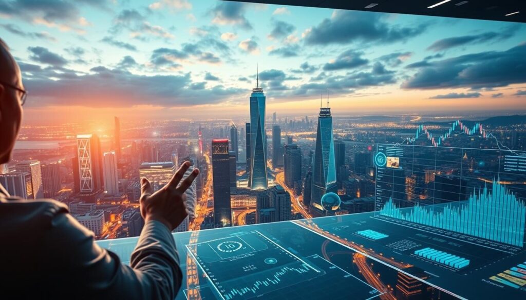 A high-tech, futuristic trading platform stretches across the frame, its sleek interfaces and holographic displays reflecting the advanced technology of 2025. In the foreground, a trader interacts with a seamless, gesture-based control system, their movements mirrored by the responsive, intuitive visuals. The middle ground features a comprehensive array of analytical tools, from advanced charting and order flow visualization to AI-powered market insights. In the background, a panoramic view of a vibrant, bustling financial district sets the scene, with gleaming skyscrapers and a dynamic urban landscape bathed in a warm, futuristic glow. The overall atmosphere conveys a sense of cutting-edge efficiency, power, and innovation within the world of next-generation trading.
