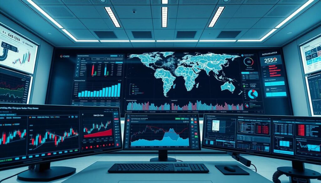 A high-tech gas trading platform interface with an array of analytical tools and real-time data visualizations. In the foreground, a sleek dashboard display shows dynamic price charts, trading indicators, and market news updates. The middle ground features customizable workspaces, order execution panels, and market analysis modules. In the background, a large panoramic screen displays a global map with live data on gas production, storage levels, and transportation networks. The lighting is crisp and modern, with a slightly cool color tone that enhances the technical aesthetic. The camera angle is a low, wide perspective to capture the comprehensive scope of the platform's capabilities.