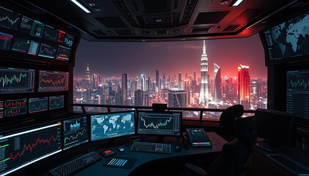 A high-tech trading command center with a sprawling array of advanced instruments. In the foreground, sleek multi-screen workstations with dynamic real-time charts, technical indicators, and sophisticated trading platforms. The middle ground features holographic displays, gesture-controlled interfaces, and algorithmic trading algorithms running complex simulations. In the background, a panoramic view of a futuristic city skyline, bathed in the glow of neon-lit skyscrapers. Sophisticated lighting creates a moody, intense atmosphere, with shadows and highlights accentuating the technical complexity of the scene. The overall impression is one of a cutting-edge, high-stakes trading environment designed for the modern professional trader.