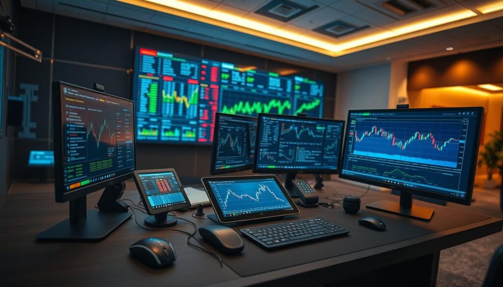 A high-tech trading desk in a modern office setting, bathed in warm, indirect lighting. On the desk, an array of trading tools and instruments: a dual-monitor setup with financial dashboards, a sleek tablet for market analysis, a professional-grade mouse and keyboard, and various input devices for charting and technical indicators. In the background, a large wall-mounted display showcases real-time market data and trends. The overall atmosphere is one of focus, efficiency, and a seamless integration of technology and finance.