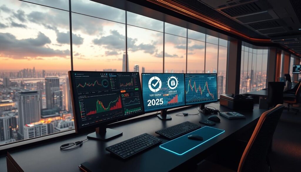 A high-tech trading desk with a panoramic view of a bustling city skyline. On the desk, a series of holographic displays showcase detailed analytics, market trends, and the logos of top forex brokers for 2025. Soft ambient lighting casts a warm glow, creating a sense of focus and professionalism. The scene evokes a vision of the future of forex trading, where cutting-edge technology and industry-leading brokers converge to empower savvy investors.