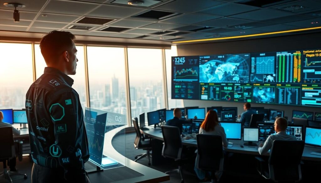 A high-tech trading floor with a focus on natural gas analytics. In the foreground, a trader intently examining a large, holographic display showcasing real-time market data, price trends, and predictive models. The middle ground features a team of analysts collaborating at curved, touch-enabled desks, surrounded by a network of interconnected screens providing detailed insights. In the background, a panoramic window offers a view of a bustling city skyline, underscoring the global nature of the natural gas markets. Soft, indirect lighting casts a warm, focused glow over the scene, creating an atmosphere of productive efficiency. The overall impression conveys the cutting-edge technology and advanced analytics powering today's natural gas trading.