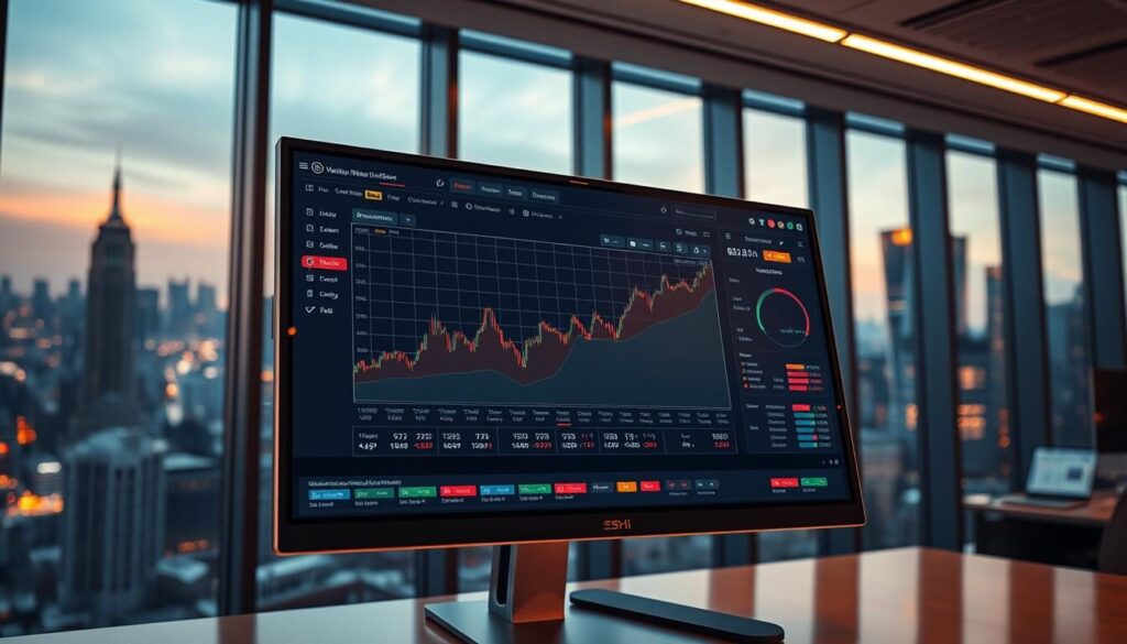 A high-tech trading platform interface with a detailed volatility index chart, showcasing real-time market data and analysis tools. The screen is set against a sleek, modern office environment with floor-to-ceiling windows overlooking a bustling city skyline. Warm, indirect lighting creates a professional, authoritative atmosphere. The user interface features intuitive controls, customizable dashboards, and streamlined data visualization, empowering traders to make informed decisions. The overall scene conveys a sense of technological sophistication, financial prowess, and the dynamic nature of the forex market.