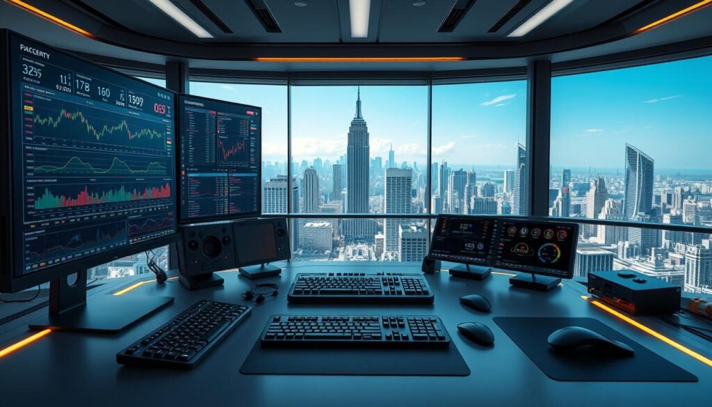 A high-tech trading platform with a sleek, modern interface. The foreground features a large, curved display monitor showcasing various financial data and charts. Surrounding the monitor are an array of advanced input devices such as customizable keyboards, touchpads, and control panels. In the middle ground, a minimalist desk setup with clean lines and subtle accent lighting creates a professional, yet comfortable workspace. The background depicts a panoramic view of a bustling cityscape, with towering skyscrapers and a clear, blue sky, conveying a sense of dynamism and global connectivity. The overall atmosphere is one of efficiency, sophistication, and technological innovation, perfectly suited for the world of high-frequency trading.