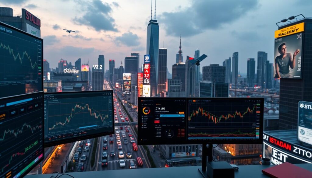A high-tech trading terminal set against a backdrop of a bustling financial district. The foreground features an array of advanced charting tools, real-time market data displays, and intuitive interfaces for monitoring multiple asset classes. The middle ground showcases a panoramic view of towering skyscrapers, neon-lit billboards, and the flow of traffic below. Subtle lighting casts a warm, modern glow, accentuating the sleek, minimalist aesthetics of the trading platform. In the background, the skyline is punctuated by the faint outlines of satellites orbiting above, hinting at the global connectivity and technological sophistication powering this comprehensive trading solution.