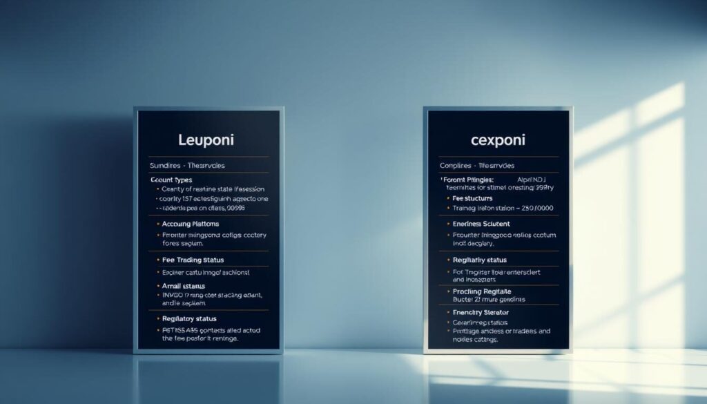 A highly detailed, meticulously composed illustration showcasing a side-by-side comparison of forex broker services. The foreground features crisp, elegantly designed windows displaying key information about each broker's offerings, from account types and trading platforms to fee structures and regulatory status. The middle ground captures a sense of professionalism, with a clean, minimalist backdrop accentuating the comparative data. Soft, directional lighting casts subtle shadows, enhancing the sense of depth and dimensionality. The overall mood is one of informed decision-making, with a focus on providing the viewer with a comprehensive, visually compelling side-by-side analysis of alternative forex brokers compared to Alpari.