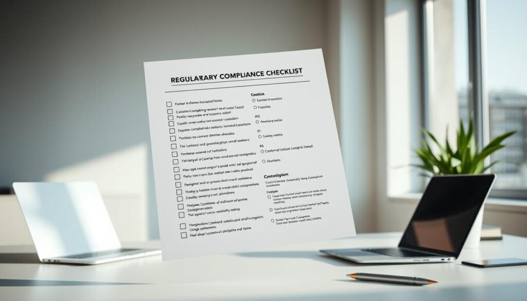 A highly detailed, neatly organized regulatory compliance checklist floating in a tranquil office environment. The checklist is presented on a crisp, white document with a professional design, showcasing various checkboxes, section headers, and concise item descriptions. Soft natural lighting filters through large windows, creating a sense of clarity and diligence. The background features a minimalist desk setup with a laptop, pen, and a potted plant, conveying an atmosphere of focused productivity. The overall scene projects an air of thoroughness, attention to detail, and a commitment to upholding regulatory standards.