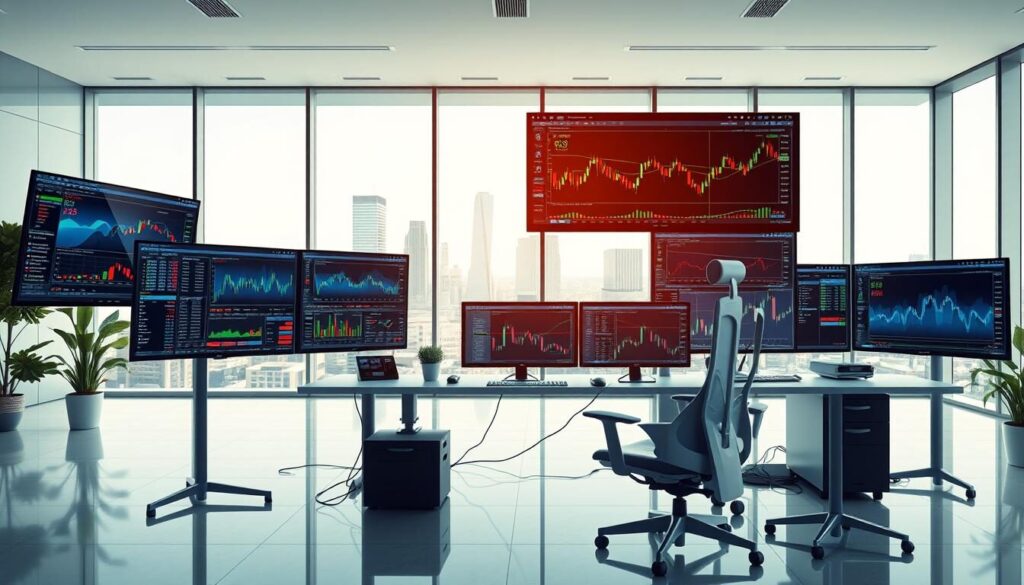 A highly detailed, photorealistic digital illustration showcasing various trading platforms and tools, including MT4 and MT5 interfaces, set against a modern, minimalist office background. The foreground features several computer screens displaying real-time financial data, charts, and trading software. The middle ground depicts a sleek, ergonomic desk setup with a keyboard, mouse, and other peripherals. The background is a airy, well-lit space with floor-to-ceiling windows overlooking a cityscape. The overall atmosphere is professional, tech-savvy, and conducive to productive trading and analysis.