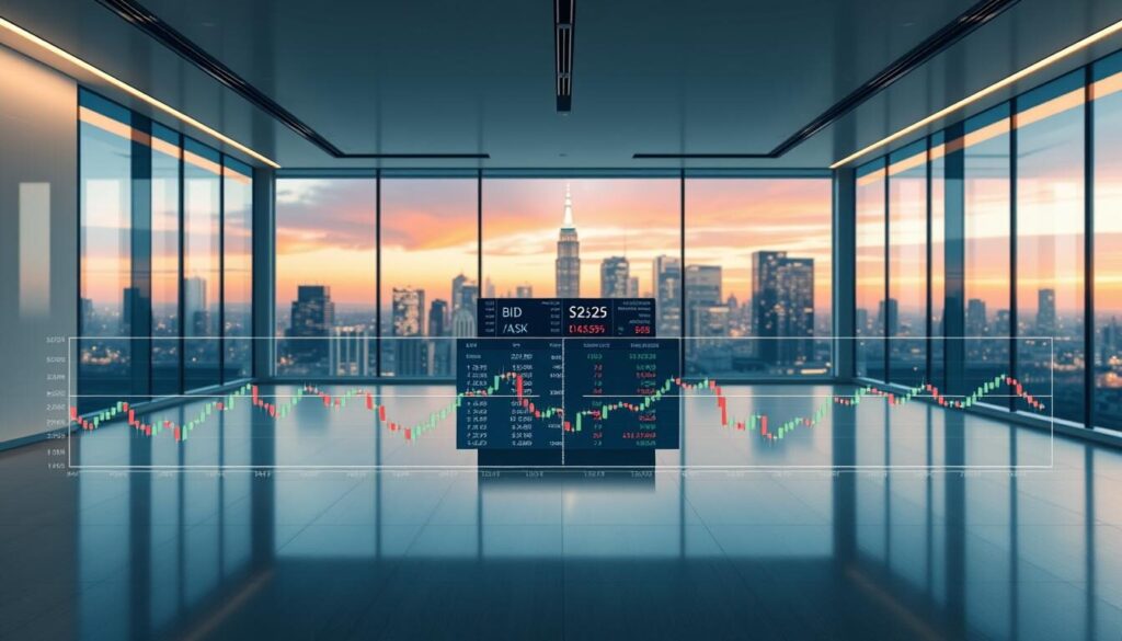 A highly detailed, photorealistic illustration of a bid-ask spread in a foreign exchange trading platform. The foreground depicts a financial chart displaying the current bid and ask prices, with a clear visual differentiation between the two. The middle ground shows a digital interface with order book data, trading volume, and other relevant metrics. The background features a sleek, minimalist office environment with large floor-to-ceiling windows overlooking a vibrant city skyline, creating a sense of modern, high-tech finance. The scene is lit by a combination of natural daylight and warm, soft lighting, producing a crisp, professional atmosphere. The overall composition conveys the precision, transparency, and technological sophistication of the forex trading industry.