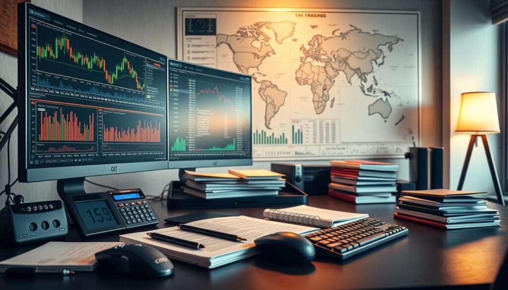 A highly detailed, photorealistic image of a workspace showcasing various forex trading tools and accessories. The foreground features a modern desktop setup with multiple high-resolution monitors displaying trading charts, indicators, and analysis software. Precision trading tools such as a digital forex calculator, a specialized mouse, and a sleek mechanical keyboard are prominently displayed. The middle ground includes neatly organized folders, notebooks, and reference materials related to forex trading strategies and market research. In the background, a large world map with currency exchange rates and economic indicators is mounted on the wall, creating a professional and data-driven atmosphere. Warm, directional lighting from a desk lamp casts a subtle glow, enhancing the overall sense of focus and productivity.