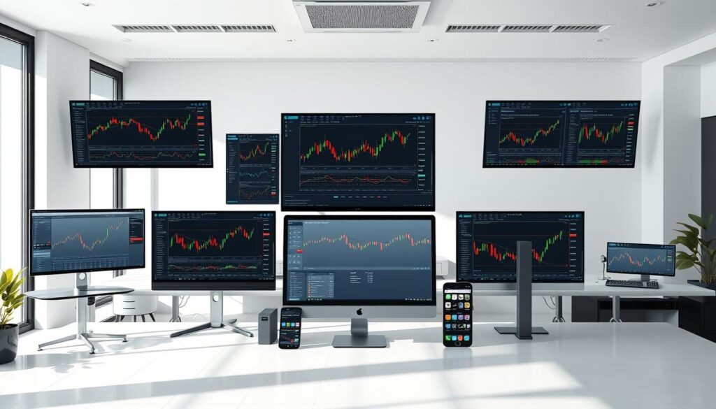 A highly detailed, realistic 4K digital illustration of various forex trading platforms displayed on multiple computer screens, desktop monitors, and mobile devices. The platforms feature intuitive user interfaces, real-time market data, and advanced charting tools. The setup is situated in a modern, well-lit office environment with floor-to-ceiling windows, clean minimal decor, and a professional, sophisticated atmosphere. The lighting is bright and natural, with soft shadows and highlights that accentuate the sleek, high-tech nature of the trading platforms. The overall scene conveys a sense of productivity, efficiency, and financial acumen.