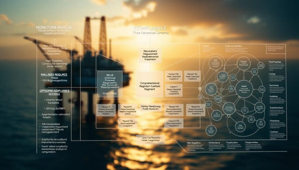 A highly detailed technical diagram depicting the comprehensive offshore regulatory compliance framework. In the foreground, a central schematic outlines the key regulatory bodies, policies, and reporting requirements. In the middle ground, complex interconnected networks illustrate the multilayered compliance processes. The background features a panoramic view of an offshore oil platform, bathed in warm, golden lighting to convey a sense of professionalism and reliability. The overall composition emphasizes the rigor, complexity, and importance of regulatory adherence in the offshore industry.