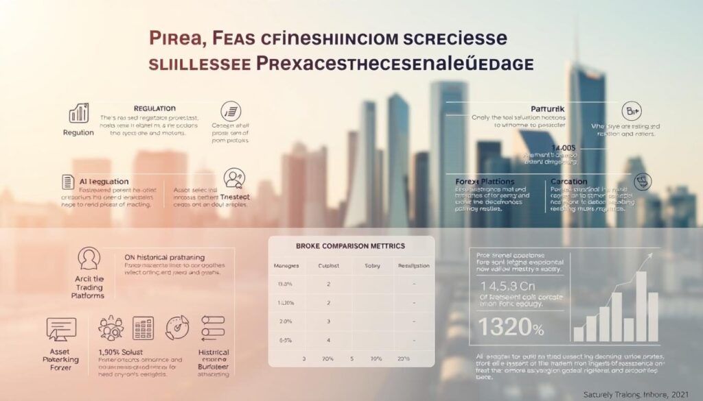 A highly detailed, technically sophisticated infographic depicting the key evaluation criteria for selecting a reliable Forex broker. The foreground features a series of meticulously illustrated icons representing factors such as regulation, trading platforms, asset selection, customer support, and historical performance. The middle ground showcases an elegant data visualization highlighting broker comparison metrics in a clean, minimalist style. The background presents a subtle, yet captivating cityscape with skyscrapers, reflecting the global, professional nature of the Forex market. Bright, natural lighting casts a warm, authoritative tone, while a slightly elevated camera angle conveys a sense of trustworthiness and expertise.