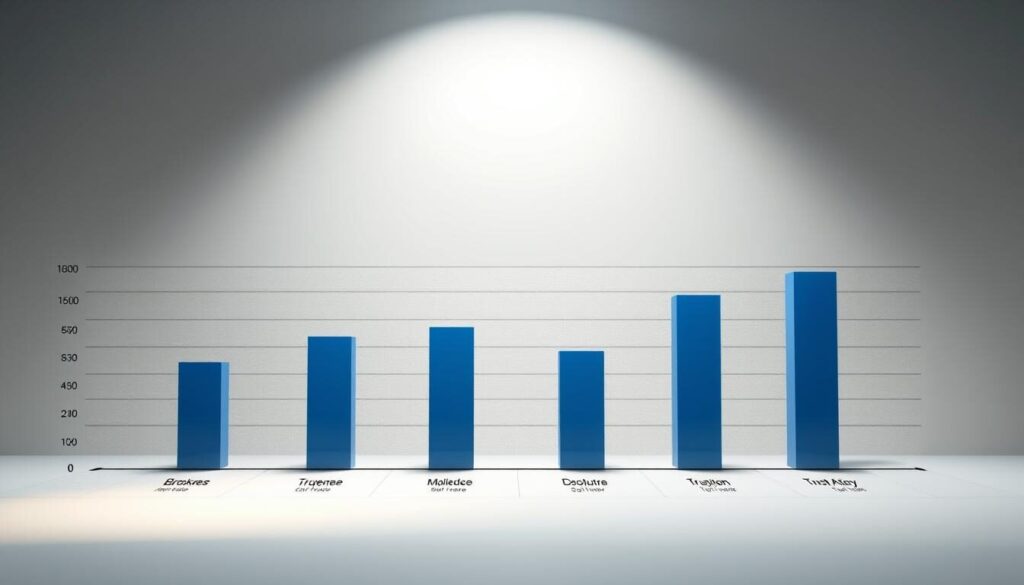 A meticulously crafted data visualization depicting a side-by-side comparison of trust scores for leading forex brokers. Sleek, minimalist aesthetics with a clean, professional look. The foreground showcases a series of horizontal bar graphs, each clearly labeled with a broker's name and their corresponding trust score, rendered in a crisp, legible font. The middle ground features a subtle grid pattern or abstract geometric shapes to provide visual structure, while the background maintains a neutral, muted tone to allow the core data to take center stage. Soft, directional lighting from the top left casts gentle shadows, adding depth and dimension to the overall composition. The result is an authoritative, data-driven image that effectively conveys the relative trust levels of the featured forex brokers.