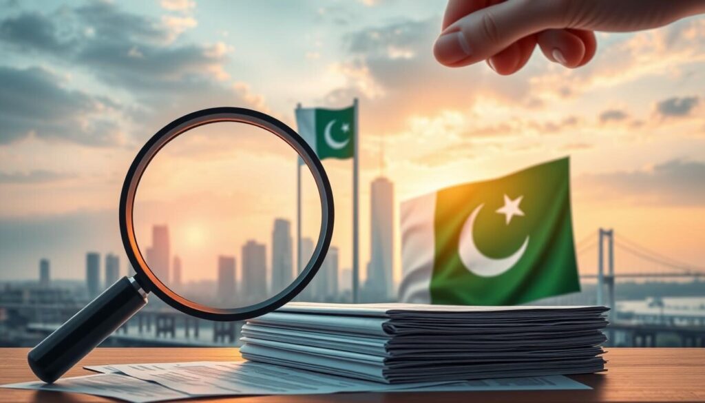 A meticulously crafted digital illustration showcasing the intricacies of Forex regulation in Pakistan. In the foreground, a magnifying glass hovers over a stack of legal documents, highlighting the intricate web of financial guidelines and compliance measures. In the middle ground, a Pakistani flag stands tall, its vibrant colors symbolizing the nation's economic strength. The background features a serene cityscape, with skyscrapers and bridges reflecting the dynamic financial landscape. The lighting is soft and warm, creating a sense of professionalism and authority. The overall composition conveys the importance of regulatory oversight, ensuring a secure and trustworthy trading environment for Pakistani Forex traders.