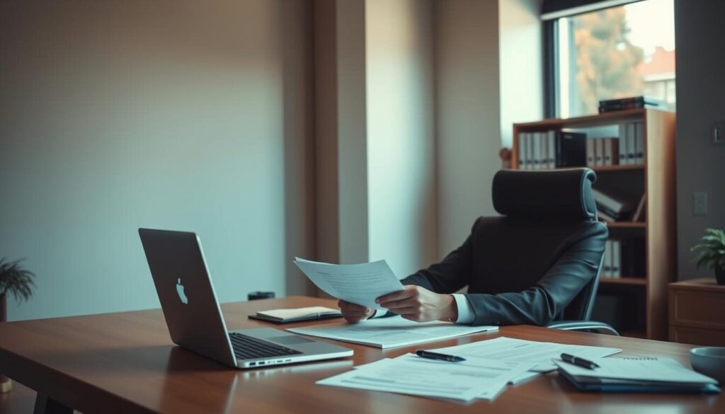 A meticulously crafted office scene with a businessperson sitting at a desk reviewing financial documents, surrounded by a clean, minimalist workspace. The lighting is warm and subdued, casting a soft glow across the scene. The desk is adorned with a laptop, a pen, and a stack of papers, conveying a sense of diligent analysis. In the background, a bookshelf stands, filled with reference materials, hinting at the depth of research and due diligence being undertaken. The overall atmosphere is one of focus, professionalism, and a commitment to thorough evaluation, reflecting the care and attention required when verifying the legitimacy of a forex broker.
