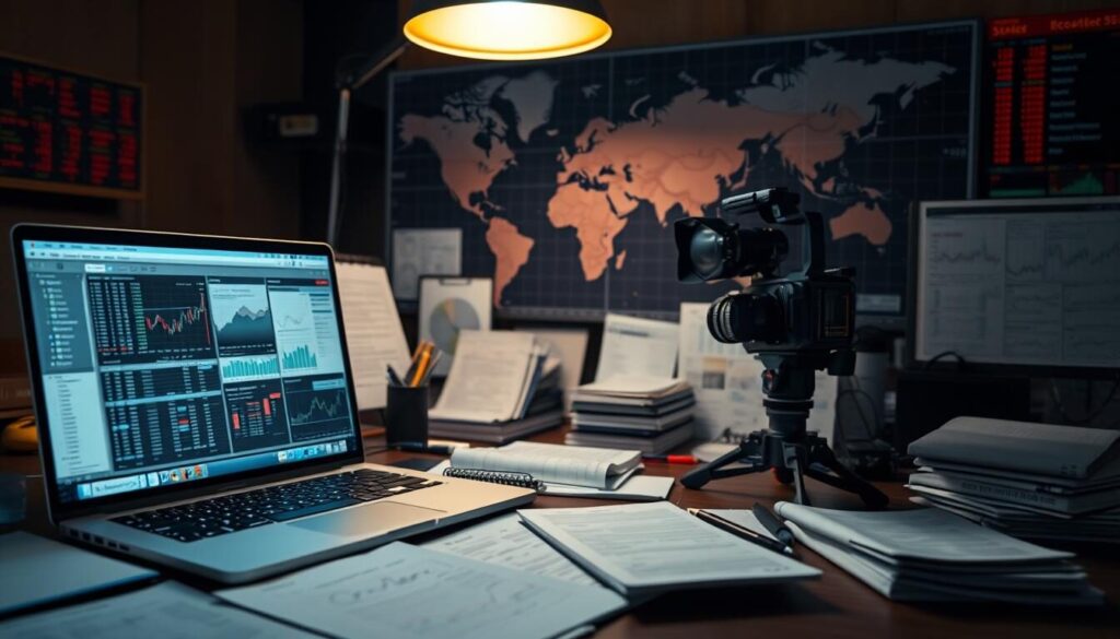 A meticulously crafted research desk, illuminated by a warm, focused light from an overhead lamp. In the foreground, a laptop displays intricate financial data, surrounded by a collection of research materials - analytical reports, market charts, and detailed notes. The middle ground features a high-quality camera and audio equipment, capturing the process of in-depth broker analysis. In the background, a world map and stock tickers provide a sense of the global financial landscape. The overall atmosphere conveys a sense of diligence, professionalism, and a commitment to thorough, data-driven research methodology.