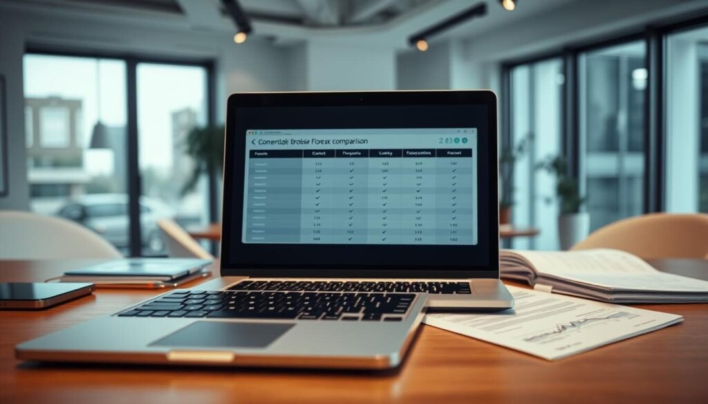 A meticulously crafted workspace with a tasteful blend of minimalism and professionalism. In the foreground, a laptop displays a comprehensive Forex broker comparison, its screen illuminated by soft, diffused lighting. In the middle ground, an array of financial documents and research materials are neatly organized on a sleek, wooden desk. The background reveals a serene, modern office environment, with large windows allowing natural light to flood the space, creating a calming and focused atmosphere. The entire scene conveys a sense of expertise, diligence, and a commitment to informed decision-making in the world of Forex trading.