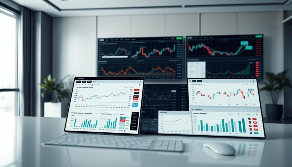 A meticulously designed, high-resolution image showcasing a comprehensive set of risk management tools for forex trading. In the foreground, a sleek, intuitive dashboard displays real-time market data, risk monitoring, and position management controls. In the middle ground, a series of charts and graphs provide detailed analysis of trading patterns, volatility, and risk exposure. In the background, a serene, professional office setting with clean lines and muted tones, creating a sense of calm and focus. Soft, directional lighting accentuates the precision and clarity of the financial tools, conveying a mood of control, discipline, and confidence in the trading environment.