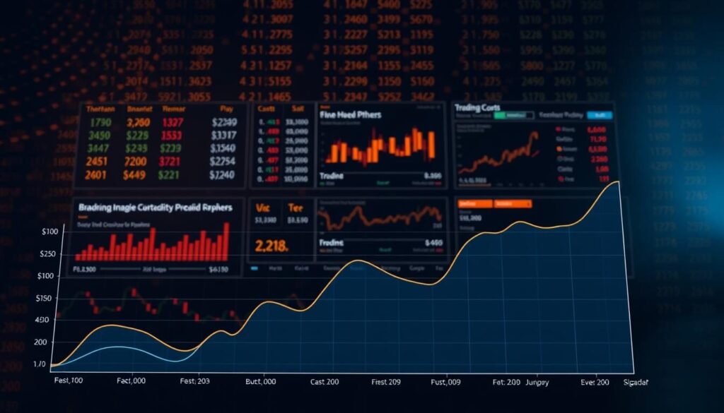 A meticulously detailed analysis of trading costs and fees, presented in a sleek and sophisticated manner. In the foreground, a dynamic graph showcases the comparative costs of various broker offerings, with clean lines and a minimalist color palette. In the middle ground, a series of financial charts and data visualizations provide a comprehensive breakdown of the key factors impacting trading expenses. The background features a subtle, elegant pattern reminiscent of stock tickers or currency exchange rates, all bathed in warm, directional lighting that lends an air of professionalism and authority to the scene.