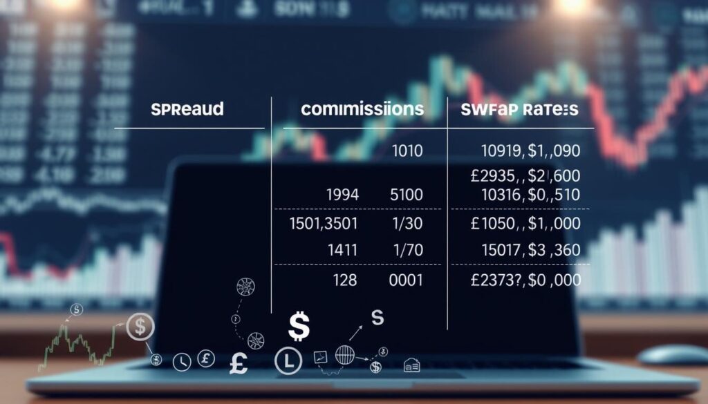 A meticulously detailed breakdown of forex trading costs, captured in a digital illustration. A clean, minimalist layout showcases the key components - spreads, commissions, and swap rates - against a subtle backdrop of financial charts and graphs. Precise, technical illustrations of currency symbols and financial icons populate the midground, while a softly blurred depth-of-field effect creates a sense of depth and focus. The overall mood is one of professionalism, clarity, and transparency, reflecting the subject matter.