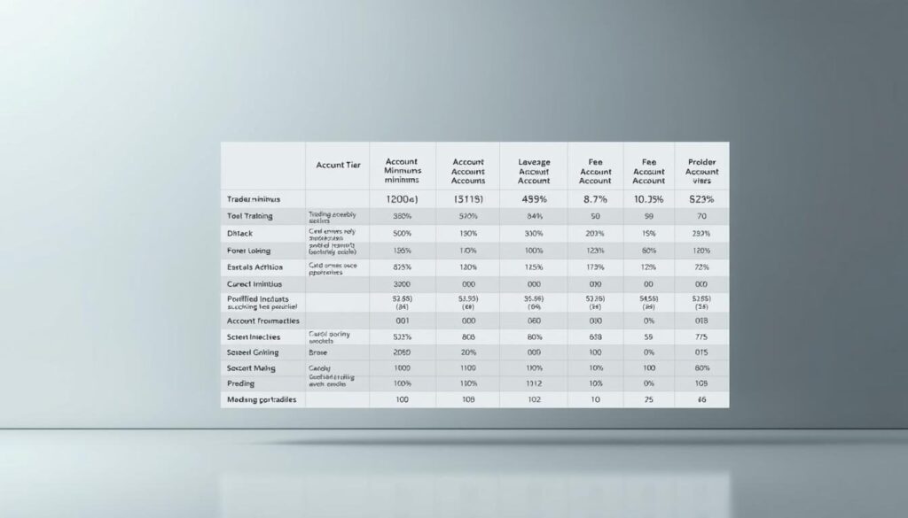 A meticulously detailed chart displaying a comprehensive comparison of various trading account options, set against a sleek, minimalist backdrop. The foreground features a crisp, well-organized table showcasing crucial data points such as account minimums, leverage ratios, and fee structures for different account tiers. The middle ground subtly highlights key visual indicators to aid in differentiating the account types. The background maintains a clean, professional aesthetic, with muted tones and gentle gradients that complement the informative content, creating an air of financial expertise and authority.