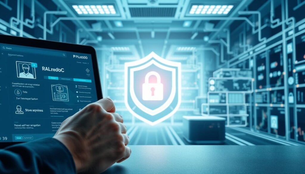 A meticulously detailed illustration of the state-of-the-art security features of Plus500, a leading CySEC-regulated forex broker. In the foreground, a sleek, modern interface displays advanced authentication methods like biometric verification and two-factor authentication. In the middle ground, a secure data encryption system shields sensitive client information. In the background, a cutting-edge cybersecurity infrastructure, complete with firewalls, intrusion detection, and advanced threat monitoring, creates an impenetrable fortress of protection. Bathed in a cool, minimalist color palette, the image conveys a sense of uncompromising safety and trustworthiness, perfectly suited to illustrate the secure trading environment offered by Plus500.