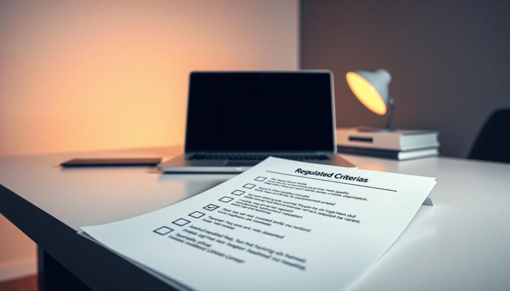 A meticulously organized checklist displayed on a sleek, modern desk. The foreground features a crisp, high-resolution illustration of a checklist with neatly arranged bullet points, each outlining essential criteria for selecting a regulated forex broker. The middle ground showcases a professional-grade laptop, casting a warm, directional light across the scene. In the background, a minimalist office environment with clean lines and muted tones creates a sense of professionalism and attention to detail. The overall atmosphere conveys a tone of diligence, research, and the importance of making informed decisions when choosing a trustworthy forex trading partner.