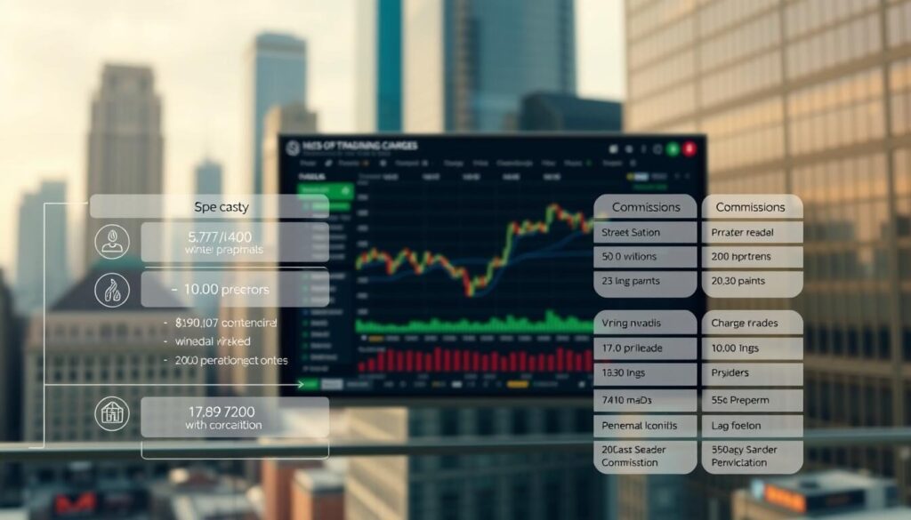 A meticulously rendered image of trading costs and fees, captured with a high-resolution camera and a wide-angle lens. The foreground features a detailed visualization of various financial charges, such as spreads, commissions, and overnight fees, presented in a clean, data-driven infographic style. The middle ground showcases a trading platform interface, with clear indicators of the different cost components. In the background, a blurred cityscape creates a sense of the financial world, with skyscrapers and stock tickers subtly visible. The lighting is soft and natural, creating a professional, authoritative atmosphere, while the overall composition is balanced and visually appealing.