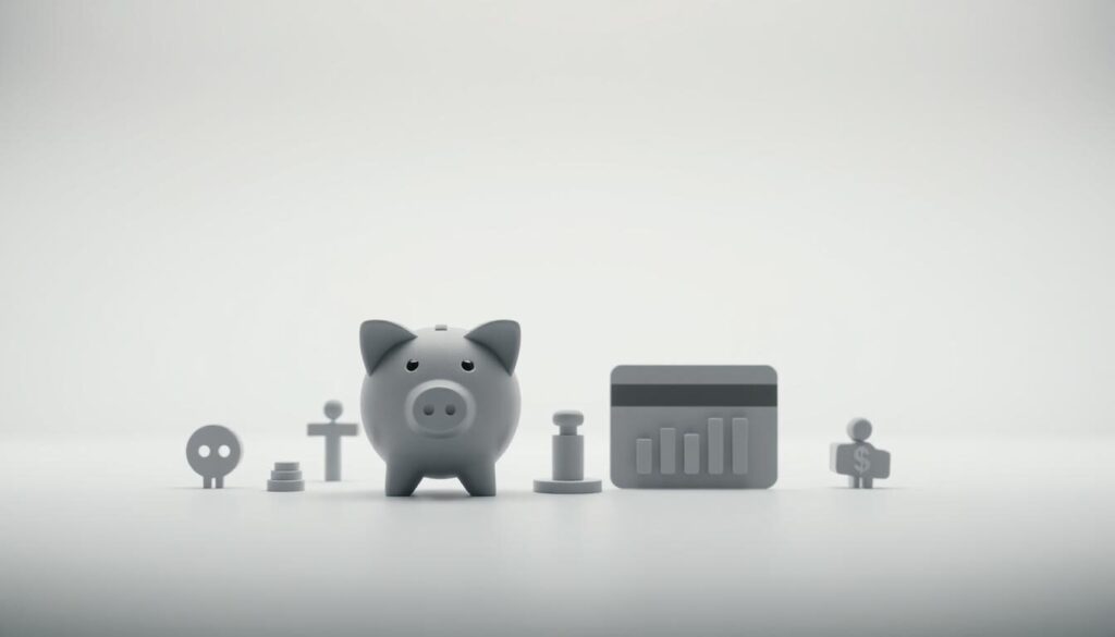A minimalist composition showcasing various types of financial account icons against a clean, neutral background. The foreground features a crisp, flat depiction of account symbols such as a piggy bank, a credit card, and a graph chart, all rendered in a muted color palette. The middle ground includes subtle gradients or textures to emphasize the depth and layers. The background maintains a soft, out-of-focus blur, allowing the account icons to be the focal point. Consistent, directional studio lighting creates a sense of depth and dimensionality. The overall aesthetic is professional, informative, and visually striking, suitable for a financial services article.