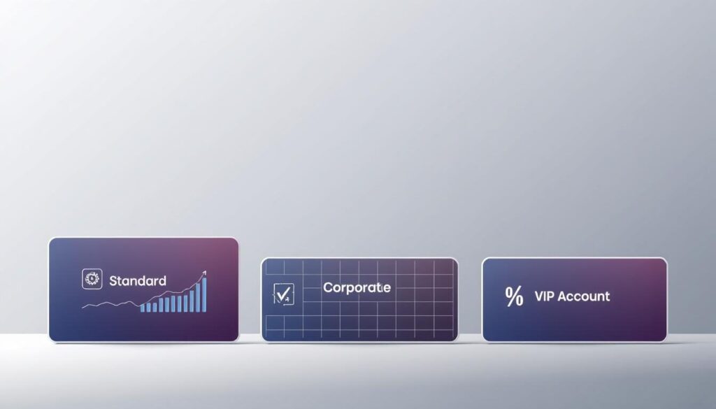 A minimalist, high-contrast digital illustration showcasing various account types commonly offered by forex brokers. In the foreground, a clean-lined, gradient-filled display presents a selection of account icons - a standard trading account, a corporate account, and a VIP account. The middle ground features a subtle grid pattern, hinting at the financial data and analytics associated with these account options. The background is a muted, gradient-filled plane, creating a sleek, professional aesthetic. The overall composition conveys the key features and distinctions of the forex broker's account offerings in a clear, visually engaging manner.