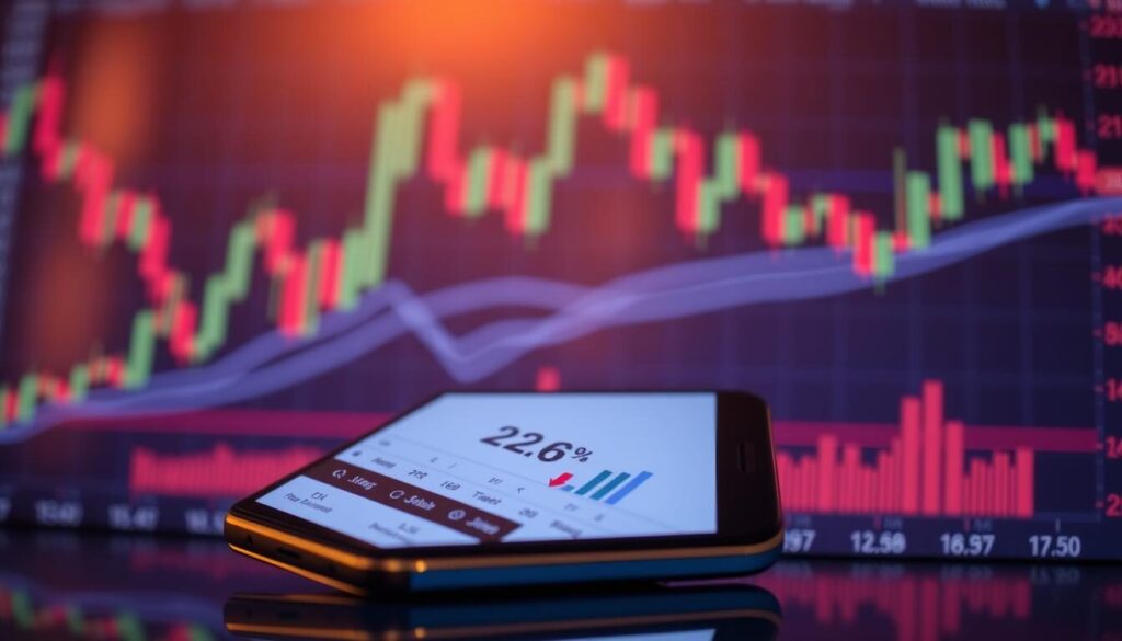 A mobile trading app interface displayed on a sleek, high-end smartphone, set against a backdrop of a dynamic market chart with candlestick patterns and fluctuating lines. The app features a clean, intuitive design with smooth animations, clear performance indicators, and seamless user interactions. Warm, ambient lighting casts a subtle glow, creating a sense of professionalism and efficiency. The overall scene conveys a sophisticated, technology-driven experience that empowers traders to make informed decisions on the go.