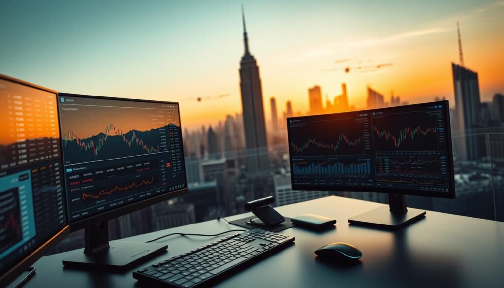 A modern algorithmic trading platform with a clean, minimalist interface. In the foreground, a series of comprehensive real-time data visualizations, including stock tickers, market trends, and performance analytics. In the middle ground, a trader's desk with multiple high-resolution monitors, a sleek keyboard, and a precision mouse. The background features a panoramic city skyline, bathed in the warm glow of golden hour lighting, conveying a sense of sophistication and technological prowess. The overall atmosphere is one of efficiency, seamless integration, and the power of data-driven decision-making.