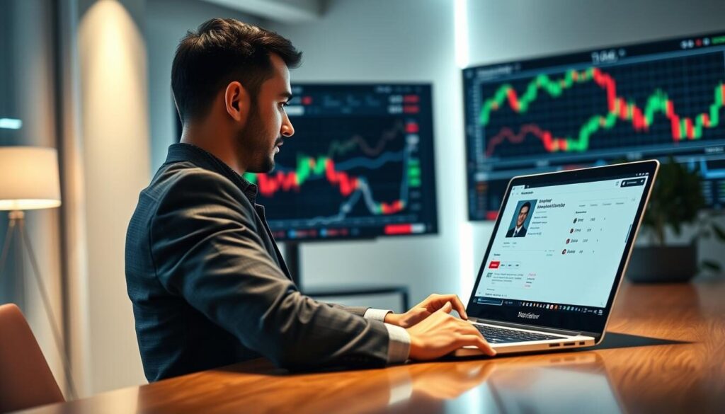 A modern and professional office setting with a broker verifying a client's identity and credentials on a laptop screen. Soft lighting illuminates the scene, creating a calm and trustworthy atmosphere. The broker's face is visible, conveying a reassuring and attentive expression. In the background, financial charts and graphs are displayed on a large monitor, emphasizing the financial nature of the transaction. The overall composition depicts the secure and transparent broker verification process, key to selecting a reliable forex broker with the highest bonus promotions.