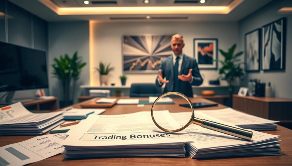 A modern and professional trading office setting with a large, well-lit desk showcasing various financial documents, charts, and a computer monitor. In the foreground, there are stacks of documents labeled "Trading Bonuses" and a magnifying glass, suggesting an analytical and detailed examination of the bonus program. The middle ground features a person in formal attire, likely a financial advisor, gesturing towards the desk, explaining the bonus details. The background has tasteful decor like potted plants and modern artwork, conveying a sense of authority and expertise. The lighting is bright and natural, creating a professional and informative atmosphere.