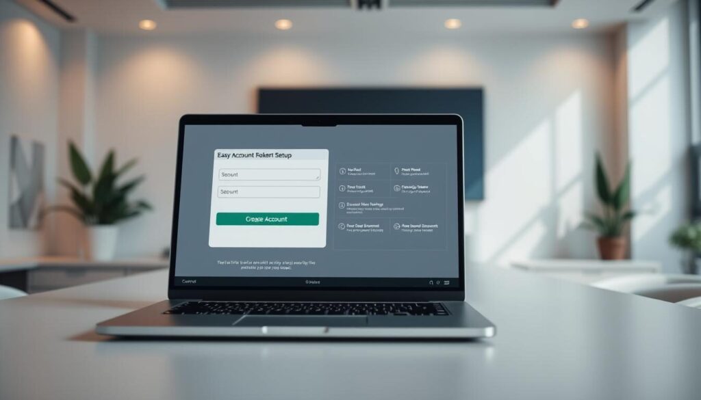 A modern and visually appealing desktop workspace showcasing an easy account setup process for a reliable online forex broker. In the foreground, a sleek laptop displays an intuitive registration form with clear input fields and a prominent "Create Account" button. The middle ground features minimalist interface elements, such as progress indicators and account verification steps, all presented in a clean, user-friendly layout. The background depicts a serene, well-lit office setting with subtle geometric patterns on the walls, evoking a sense of professionalism and trustworthiness. Soft, diffused lighting creates a warm, inviting atmosphere, guiding the viewer's attention to the seamless account setup experience.