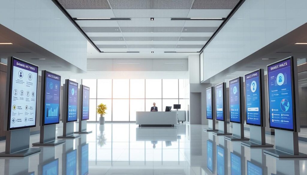 A modern banking hall with sleek, minimalist design. In the foreground, digital screens display various account types and banking solutions, their icons and infographics clearly outlined. The middle ground features a reception desk with a friendly bank employee, ready to assist customers. In the background, large windows allow natural light to flood the space, creating a bright and welcoming atmosphere. The overall scene conveys a sense of efficiency, transparency, and customer-centric service in the banking industry.