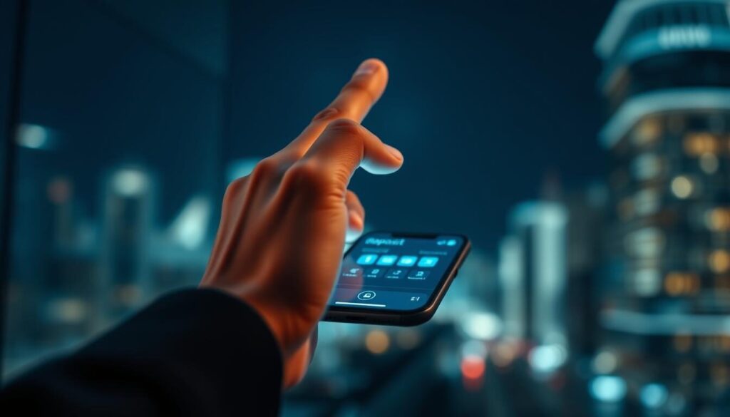 A modern banking interface with a clean, minimalist design. In the foreground, a hand hovers over a smartphone, executing a digital deposit transaction with a single tap. The smartphone screen displays an intuitive mobile app, its interface bathed in a soft, cool-toned lighting that evokes a sense of efficiency and security. The background features a blurred cityscape, hinting at the global, interconnected nature of modern finance. The overall mood is one of ease, speed, and confidence in the digital deposit processing experience.