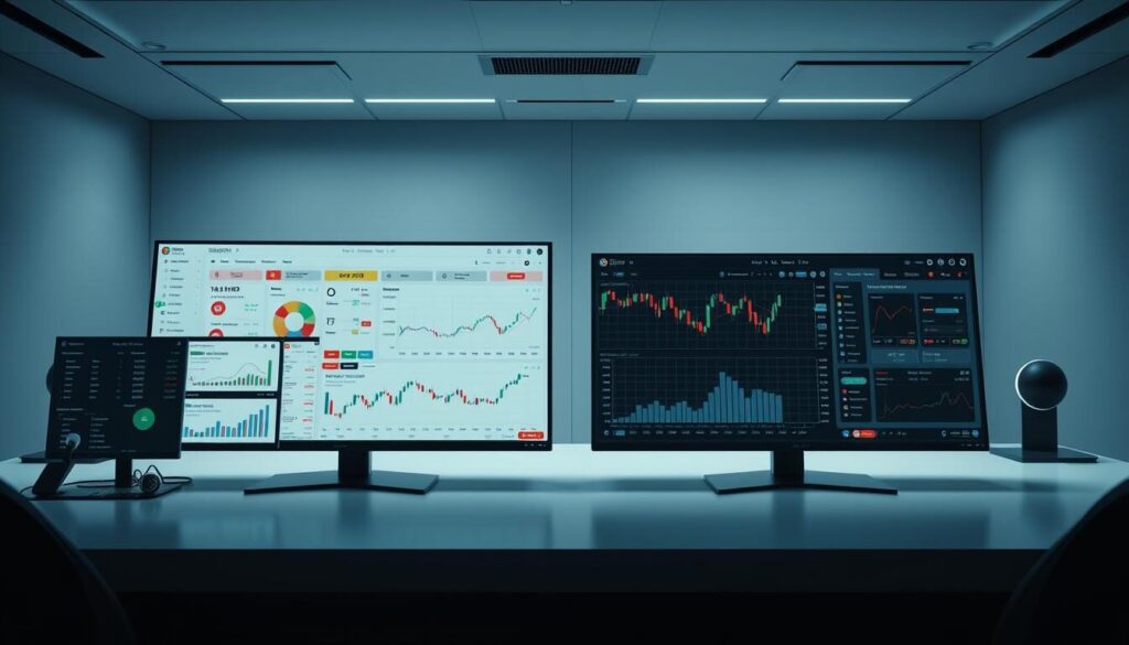 A modern, clean trading platform with a sleek user interface, showcasing a comparative analysis of key features and tools. The foreground displays various widgets and charts, neatly arranged to highlight performance metrics, order book data, and customizable indicators. The middle ground features a side-by-side comparison of platform layouts, emphasizing the differences in functionality and user experience. The background depicts a minimalist, high-contrast workspace with subtle grid lines, creating a sense of depth and professionalism. The lighting is soft and directional, casting gentle shadows and highlighting the digital interfaces. The overall mood is one of efficiency, technical sophistication, and informed decision-making.